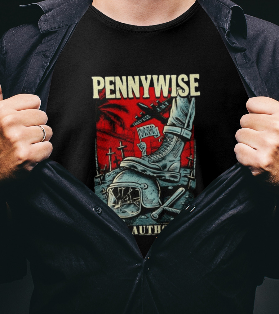 Pennywise Fock Authority Land Of The Free Forever Dystopian Punk Imagery With Boot And Helmet T-Shirt