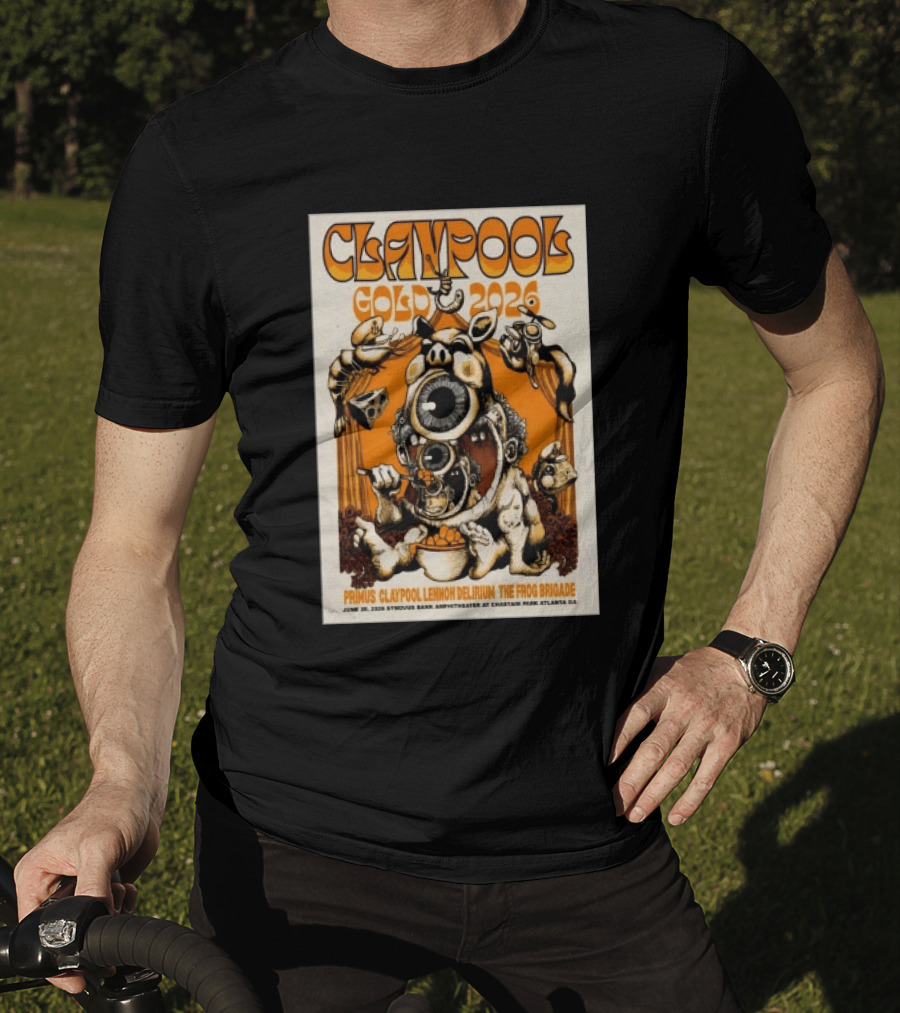 Les Claypool Gold 2026 Primus Delirium Frog Brigade June 20 Synovus Bank Amphitheater Atlanta T-Shirt