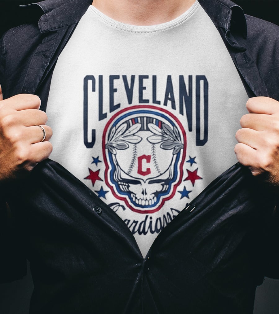 Cleveland Guardians Skull Baseball Laurel Wreath Stars T-Shirt