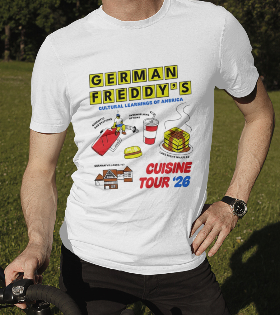 German Freddy's Cultural Learnings Of America Cuisine Tour '26 Village Fest Waffle Burger Soda T-Shirt