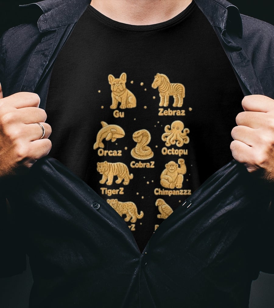 Gu Zebraz Orcaz Octopuz CobraZ TigerZ Chimpanzzz JaguarZ Parrotz Animal Crackers T-Shirt