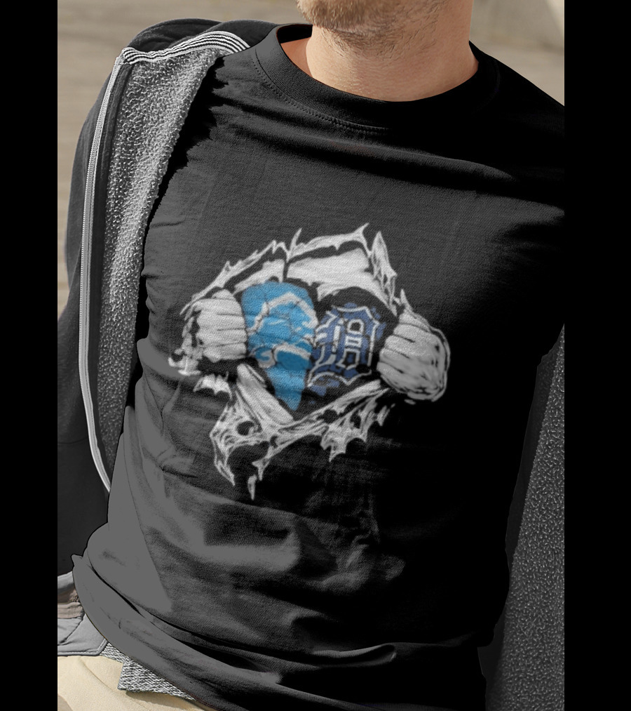 Detroit Lions Tigers Heart Ripped Design Collaboration Sports Fandom T-Shirt