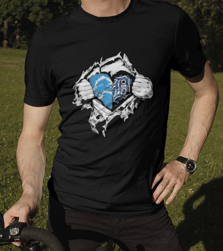 Detroit Lions Tigers Heart Ripped Design Collaboration Sports Fandom T-Shirt