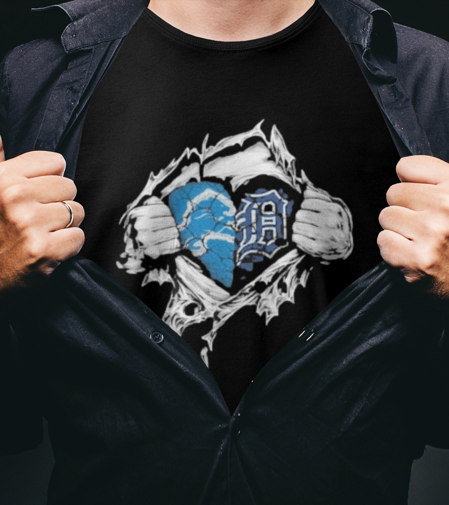 Detroit Lions Tigers Heart Ripped Design Collaboration Sports Fandom T-Shirt