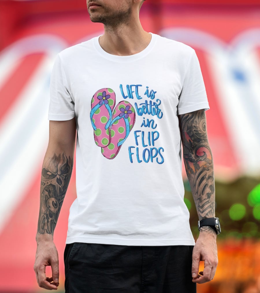 Life Is Better In Flip Flops With Pink Polka Dot And Blue Flower Sandals T-Shirt