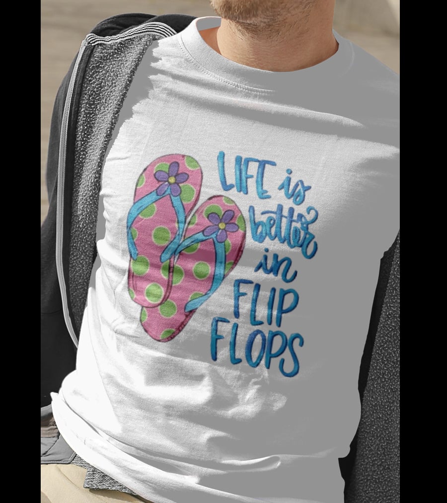 Life Is Better In Flip Flops With Pink Polka Dot And Blue Flower Sandals T-Shirt