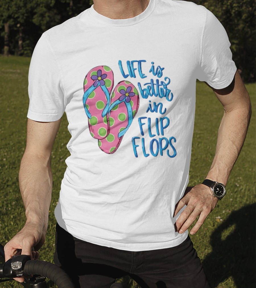 Life Is Better In Flip Flops With Pink Polka Dot And Blue Flower Sandals T-Shirt