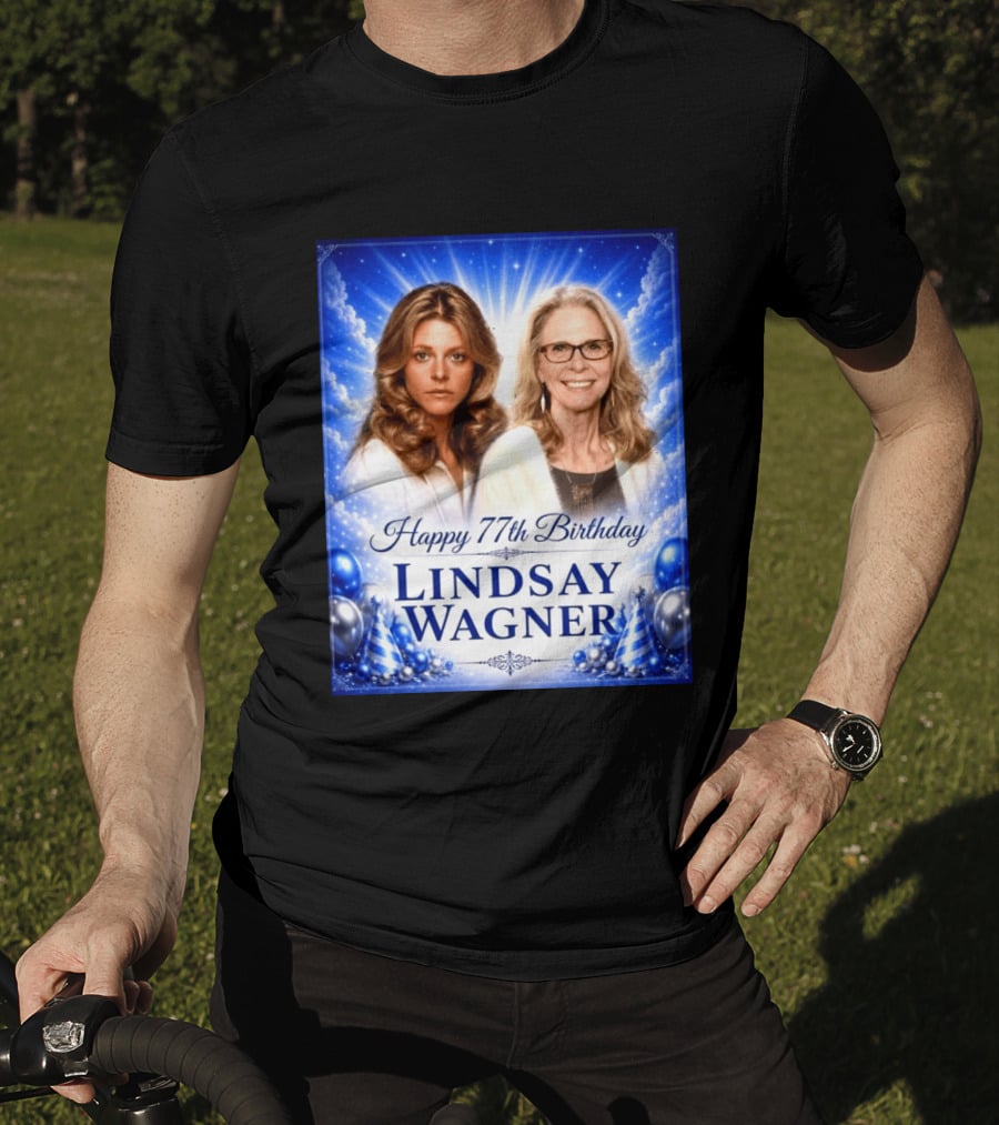 Happy 77th Birthday Celebration Lindsay Wagner Blue Party Balloons T-Shirt