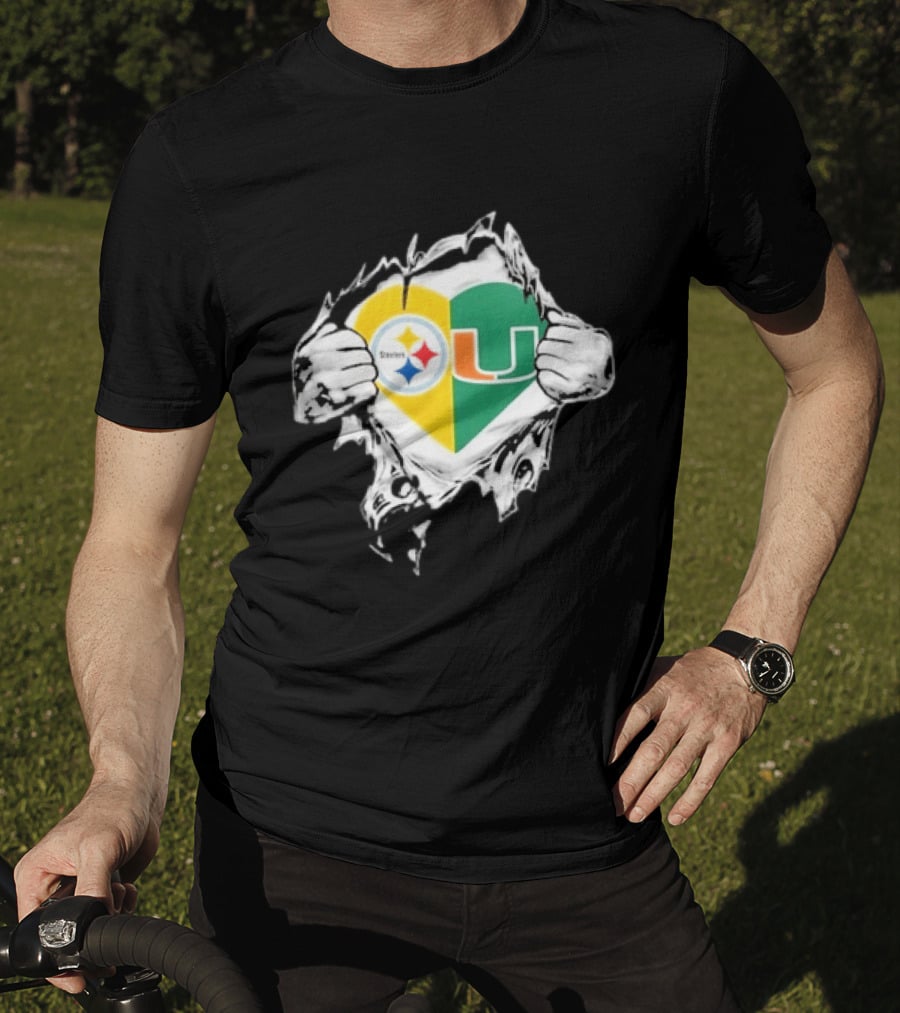 Steelers Miami Hurricanes Heart In My DNA Hands Football Fan Pride T-Shirt
