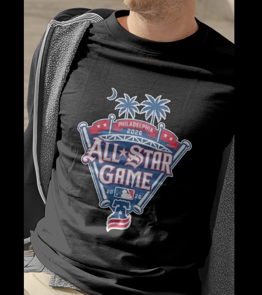 MLB All Star Game Philadelphia 2026 Palm Trees Baseball Bat Logo Night Skyline T-Shirt