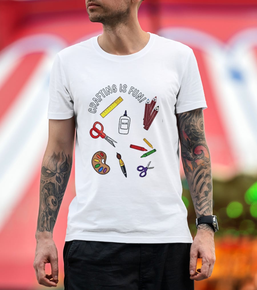 Crafting Is Fun Supplies Scissors Glue Paintbrush Crayons Palette Ruler T-Shirt
