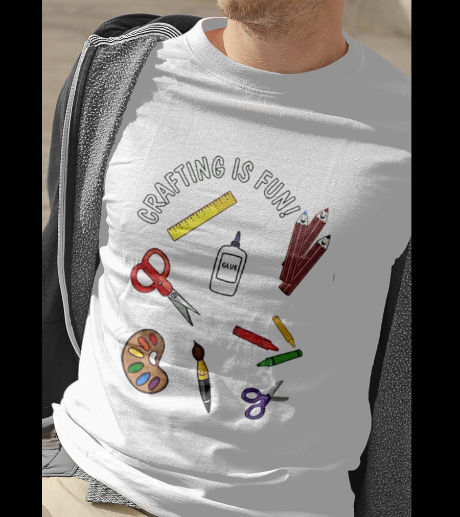 Crafting Is Fun Supplies Scissors Glue Paintbrush Crayons Palette Ruler T-Shirt