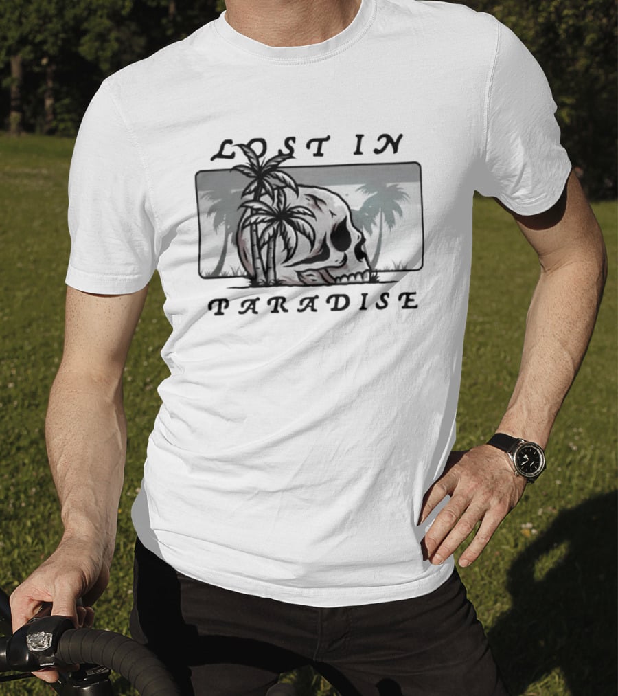 Lost In Paradise Palm Tree Skull And Beach Scene T-Shirt