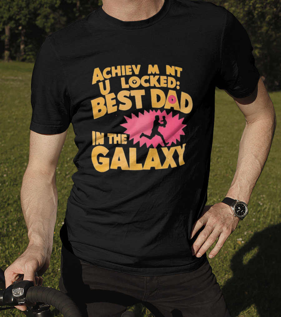 Achievement Unlocked Best Dad In The Galaxy Running With Child T-Shirt