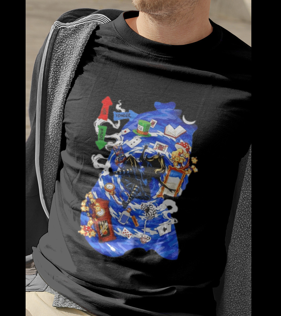 Alice In Wonderland Through The Rabbit Hole Down Yonder With Wonderland Icons And Vortex T-Shirt
