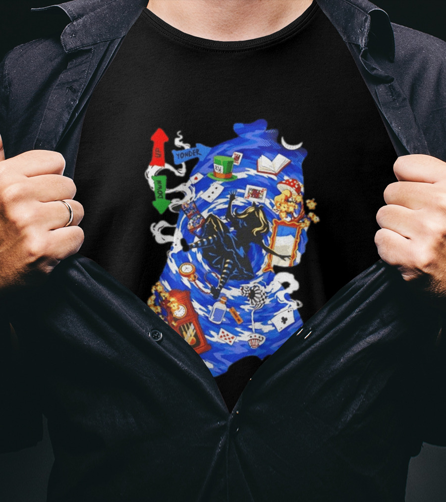 Alice In Wonderland Through The Rabbit Hole Down Yonder With Wonderland Icons And Vortex T-Shirt
