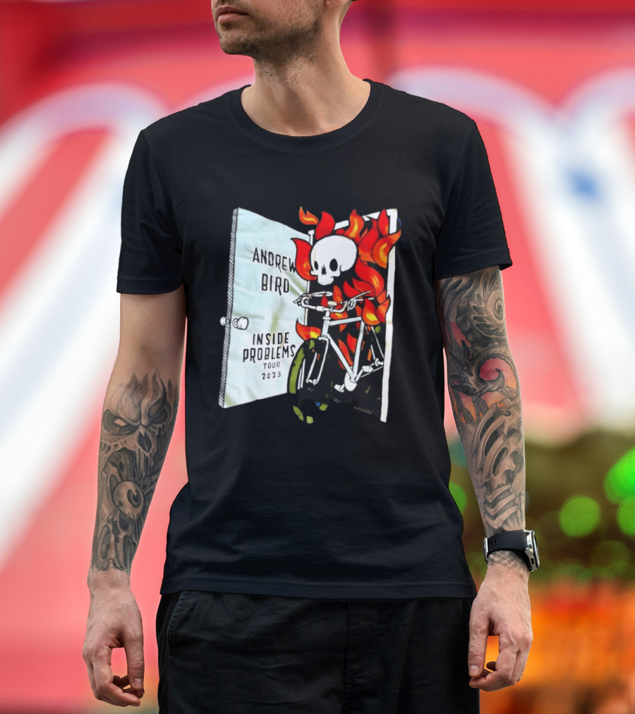 Andrew Bird Inside Problems Tour 2023 Flaming Skeleton On Bicycle T-Shirt