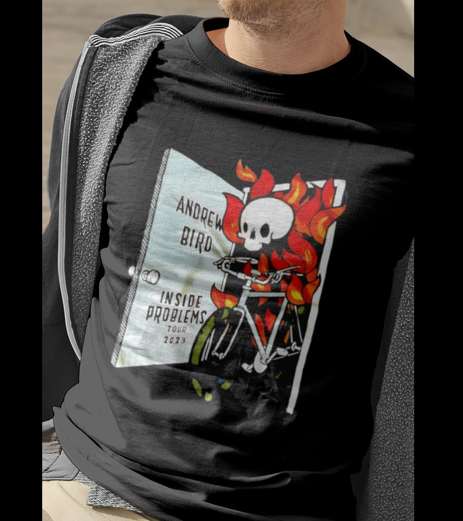 Andrew Bird Inside Problems Tour 2023 Flaming Skeleton On Bicycle T-Shirt