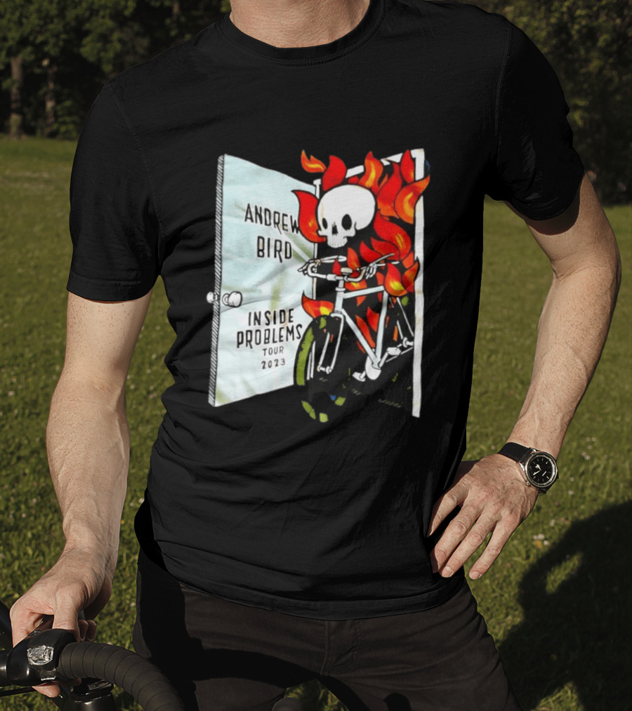 Andrew Bird Inside Problems Tour 2023 Flaming Skeleton On Bicycle T-Shirt