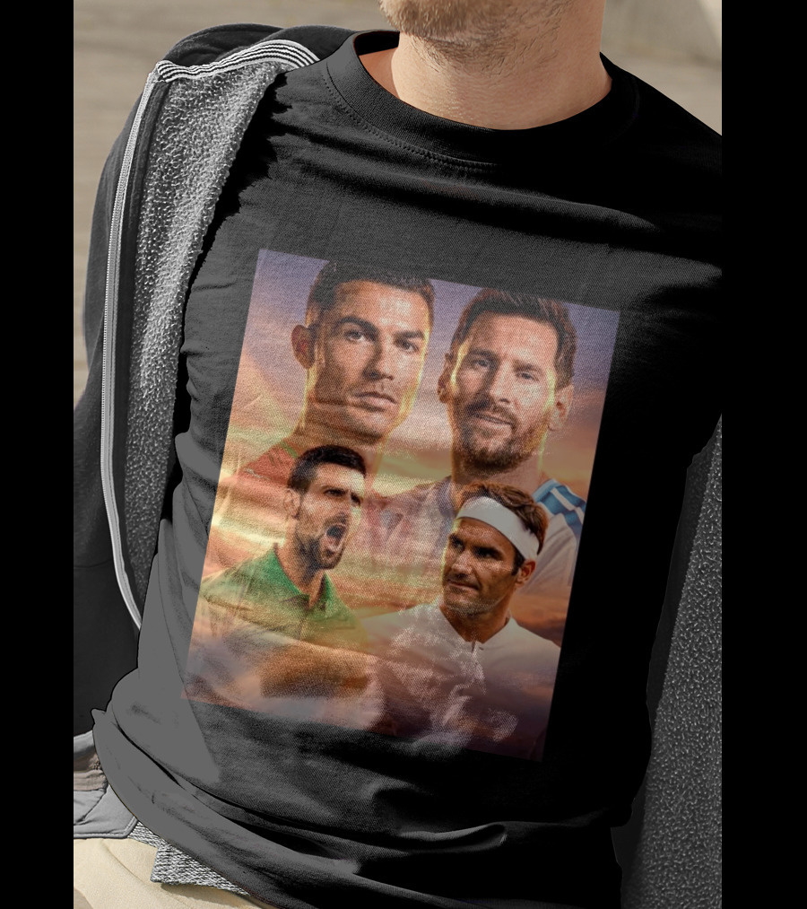 Cristiano Ronaldo Lionel Messi Novak Djokovic Roger Federer GOAT Sports Legends Celebrating Iconic Athletes T-Shirt