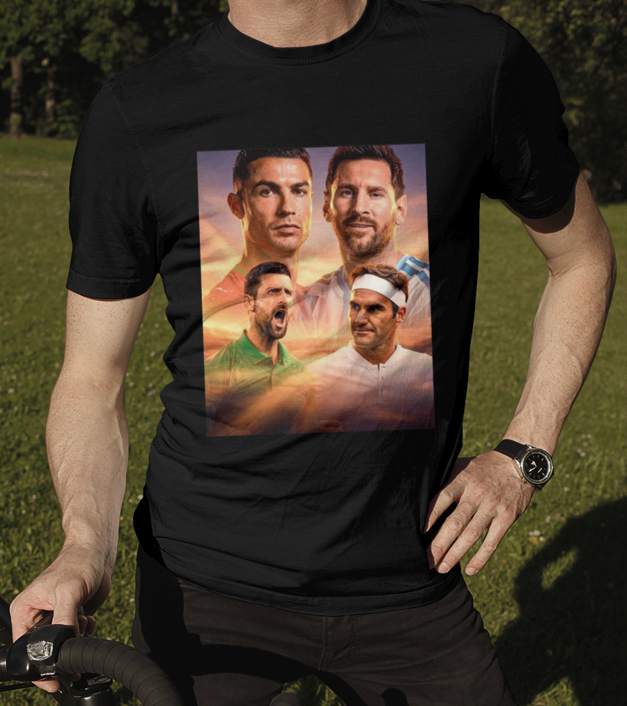 Cristiano Ronaldo Lionel Messi Novak Djokovic Roger Federer GOAT Sports Legends Celebrating Iconic Athletes T-Shirt