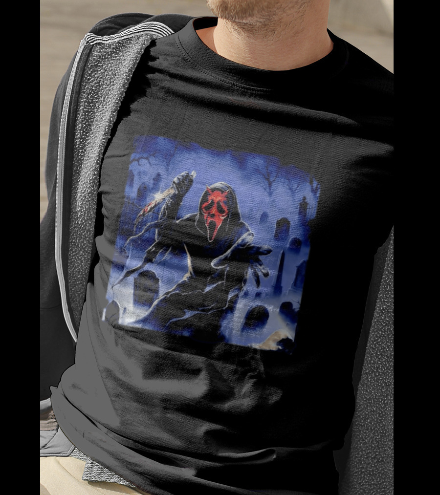 Ghostface Scream Devil Mask With Knife In Cemetery T-Shirt