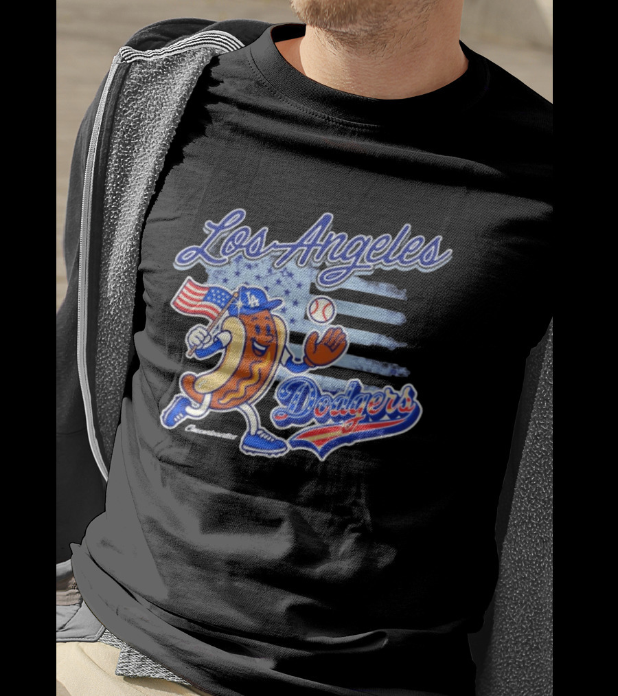 Los Angeles Dodgers Hot Dog Baseball American Flag Stars T-Shirt