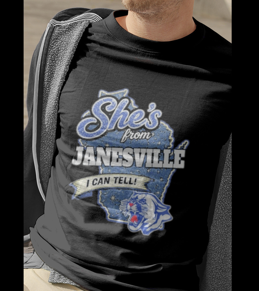She's From Janesville I Can Tell With Wisconsin Map And Wildcat T-Shirt