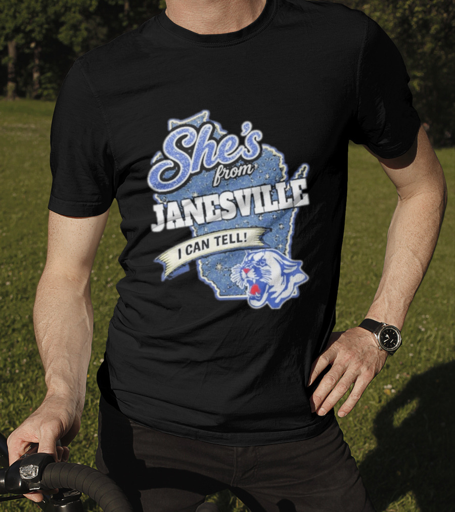 She's From Janesville I Can Tell With Wisconsin Map And Wildcat T-Shirt