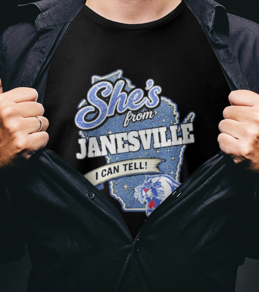 She's From Janesville I Can Tell With Wisconsin Map And Wildcat T-Shirt