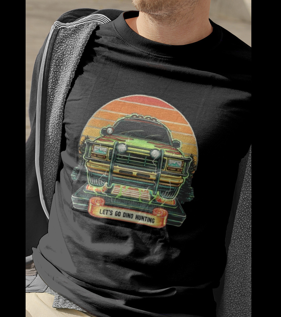 Jurassic Park Let's Go Dino Hunting Adventure Off Road Vehicle Sunset Scene T-Shirt