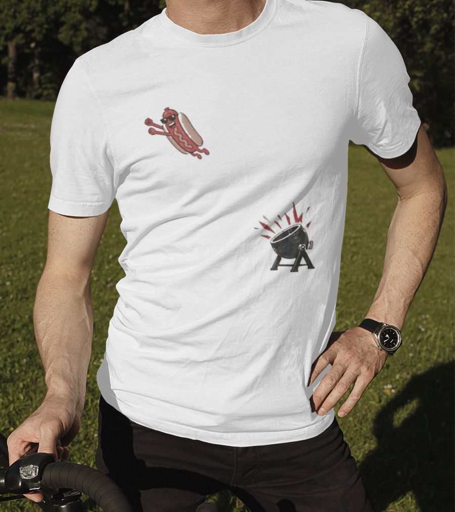 Hot Dog Jumping Into Grill Cartoon T-Shirt