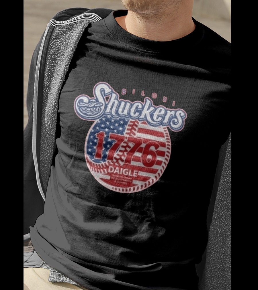 Biloxi Shuckers 1776 American Flag Baseball Daigle Text Stars Stripes T-Shirt