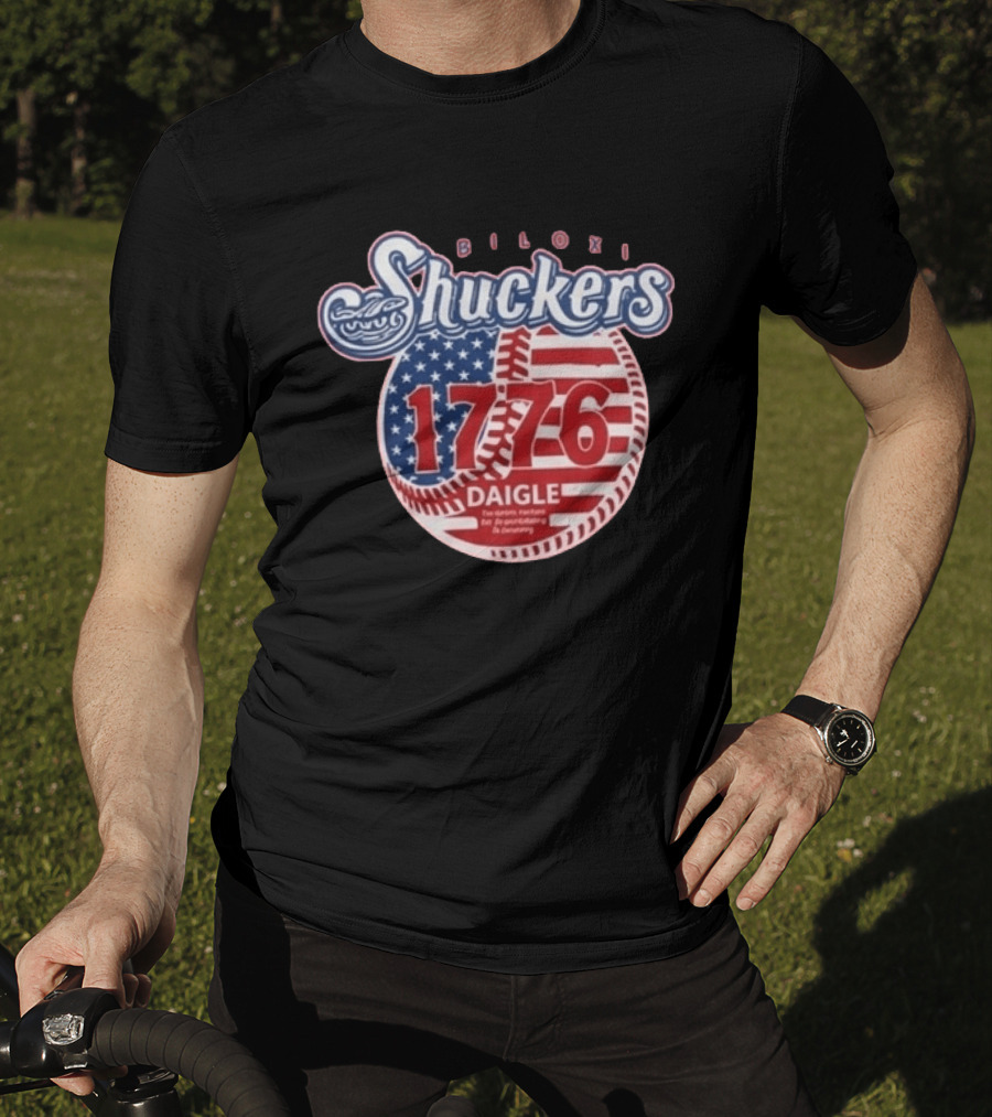 Biloxi Shuckers 1776 American Flag Baseball Daigle Text Stars Stripes T-Shirt