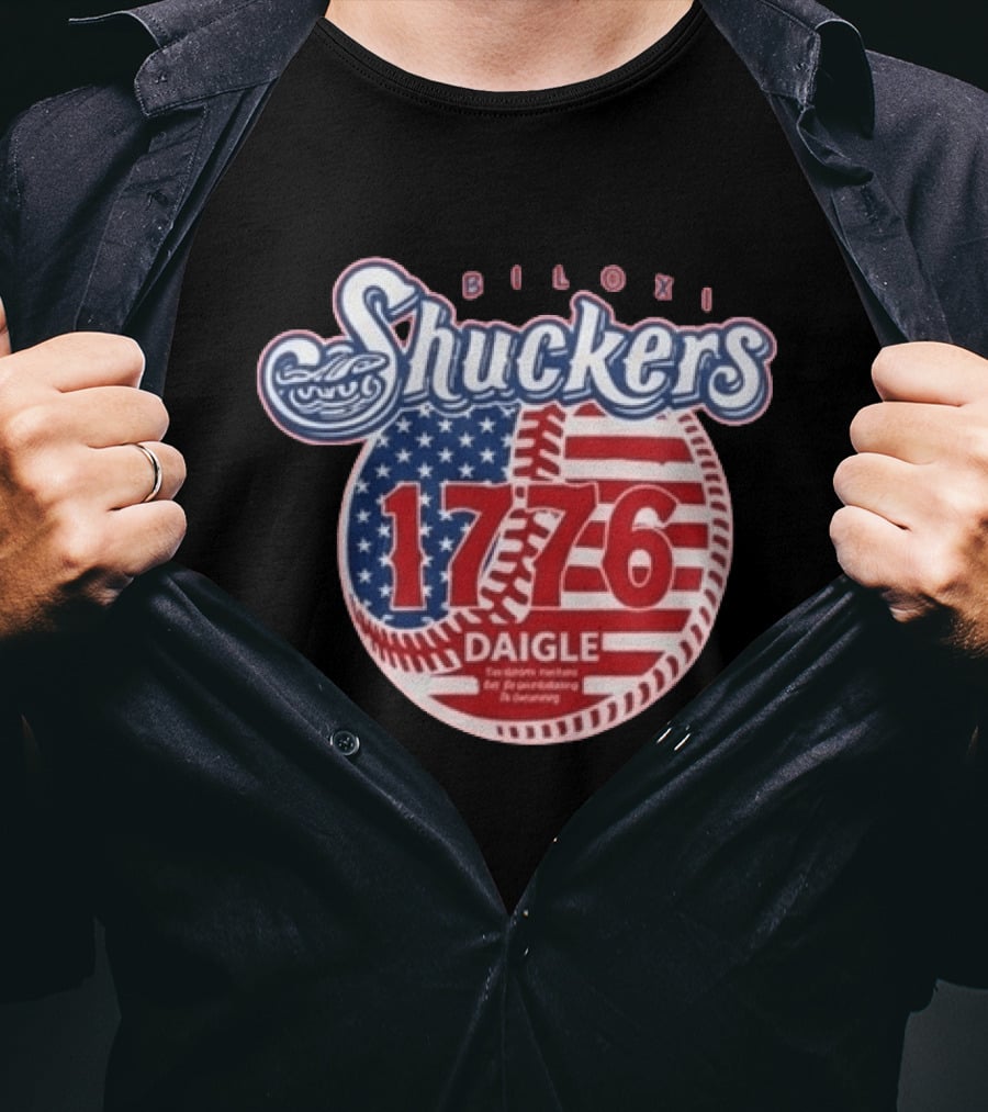 Biloxi Shuckers 1776 American Flag Baseball Daigle Text Stars Stripes T-Shirt