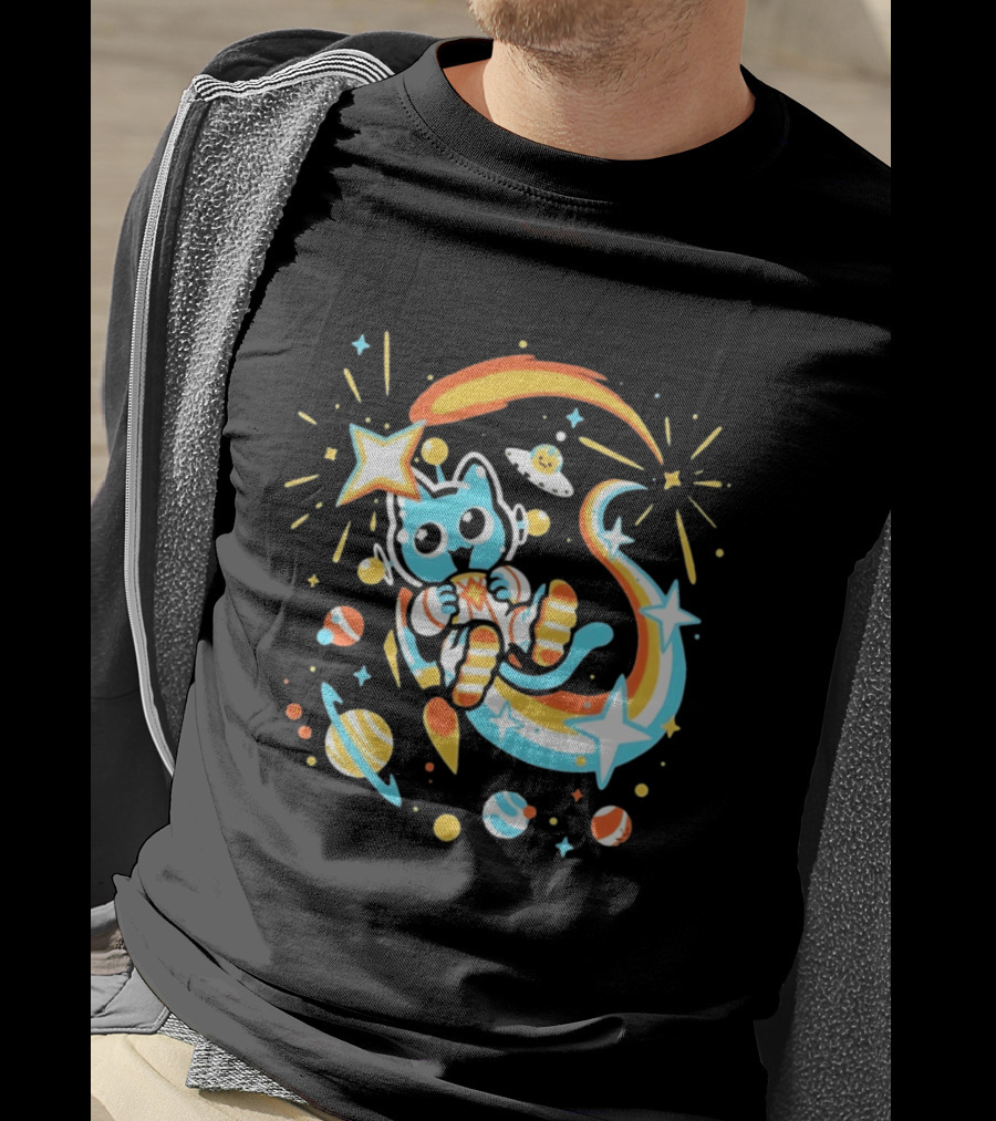 Cosmic Cat Cosmonaut Adventure In Stardust Space With Planets And Shooting Stars T-Shirt