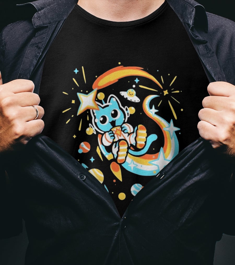 Cosmic Cat Cosmonaut Adventure In Stardust Space With Planets And Shooting Stars T-Shirt