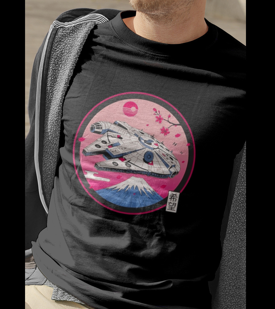 Millennium Falcon Over Fuji Cherry Blossoms Hope Kanji Circle T-Shirt