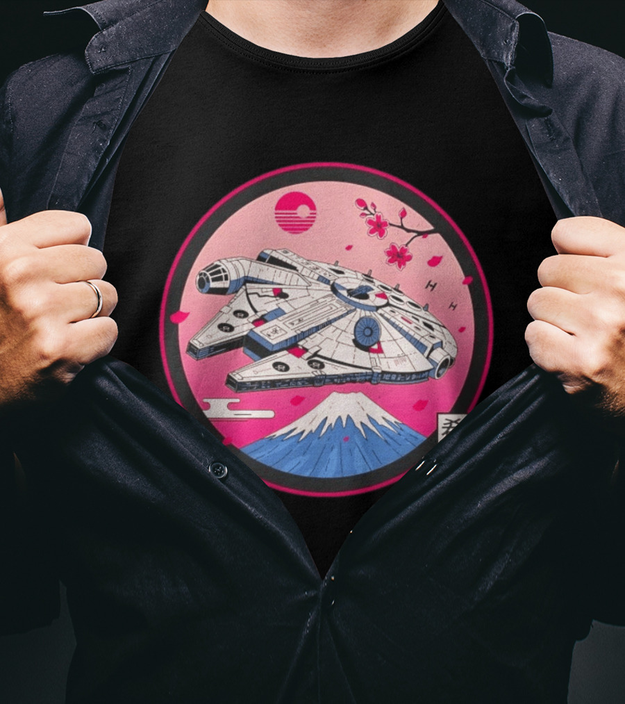 Millennium Falcon Over Fuji Cherry Blossoms Hope Kanji Circle T-Shirt