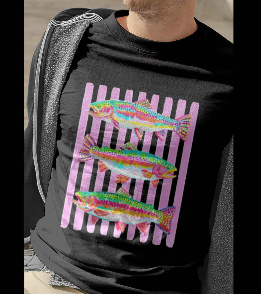 Rainbow Trout Fish Three Swimming Pink Vertical Striped T-Shirt