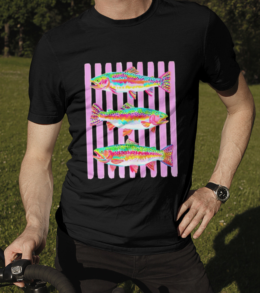 Rainbow Trout Fish Three Swimming Pink Vertical Striped T-Shirt