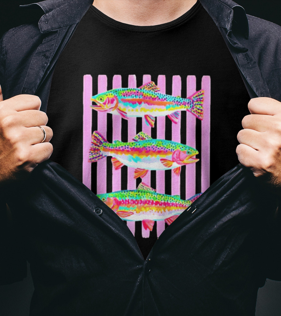Rainbow Trout Fish Three Swimming Pink Vertical Striped T-Shirt