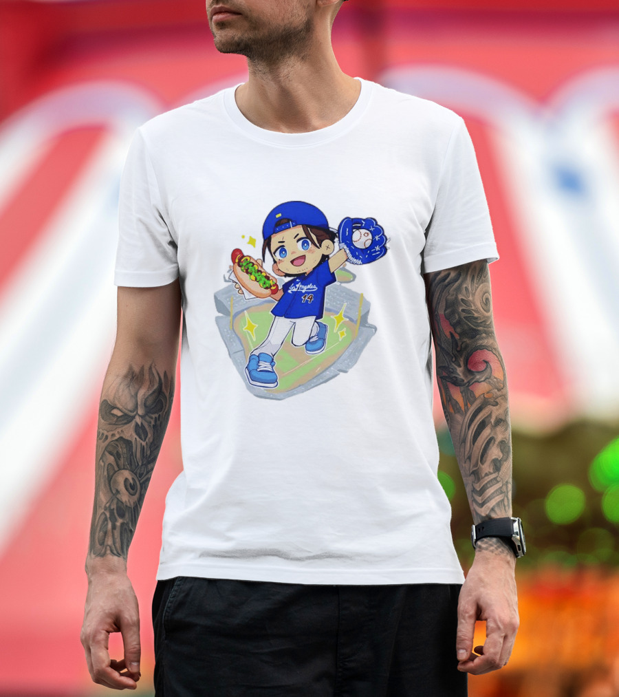 Enrique Hernandez Los Angeles Dodgers 14 Cartoon Style Baseball Glove And Hot Dog T-Shirt