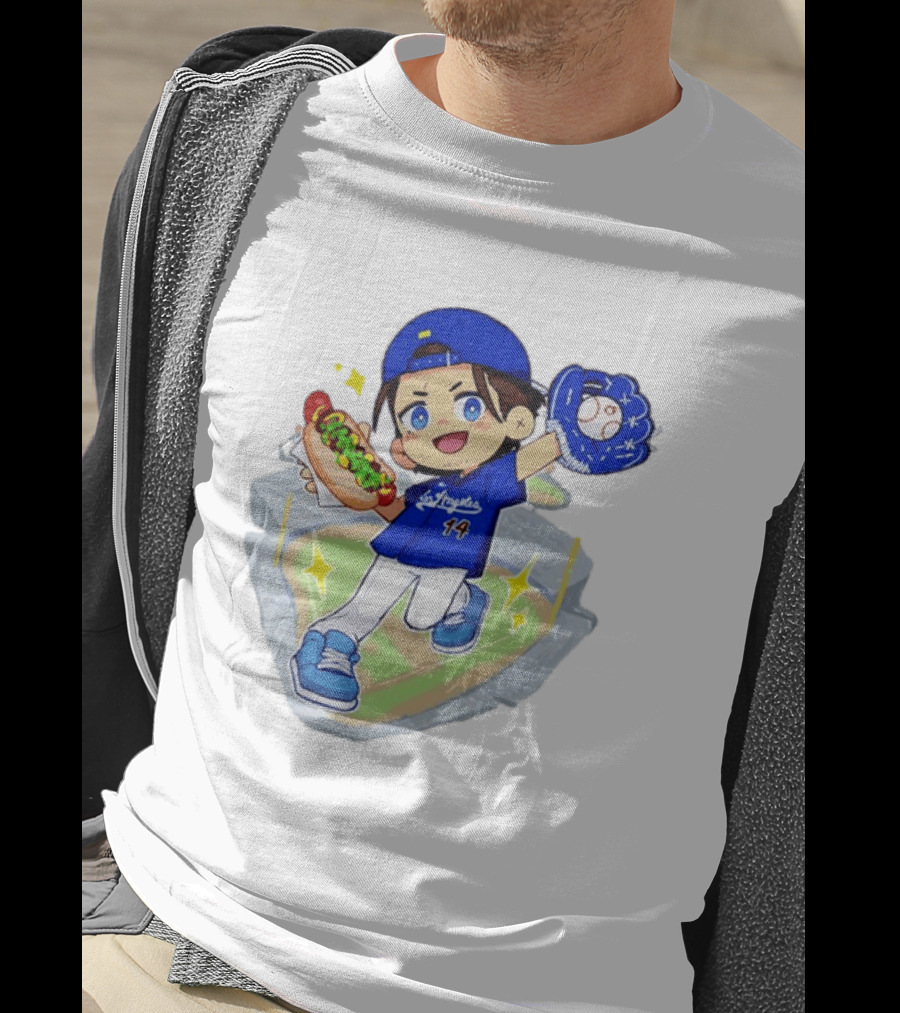 Enrique Hernandez Los Angeles Dodgers 14 Cartoon Style Baseball Glove And Hot Dog T-Shirt
