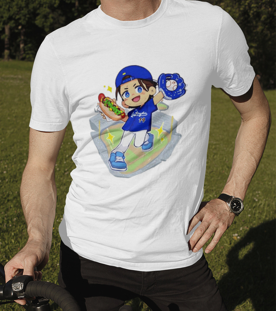 Enrique Hernandez Los Angeles Dodgers 14 Cartoon Style Baseball Glove And Hot Dog T-Shirt