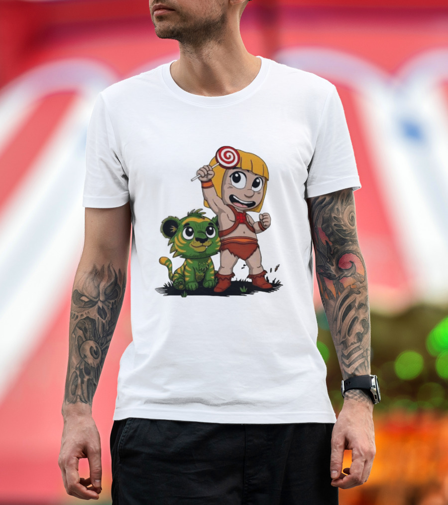 Master Of Kindergarten He Man Chibi With Tiger And Lollipop T-Shirt