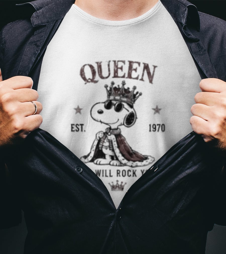 Snoopy Wearing Crown Queen Est 1970 We Will Rock You T-Shirt