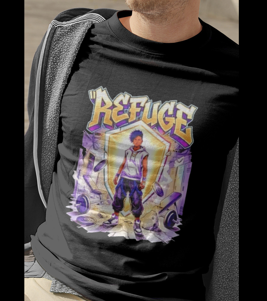 Refuge Strength God Shield Manga Style Weightlifting Motif T-Shirt