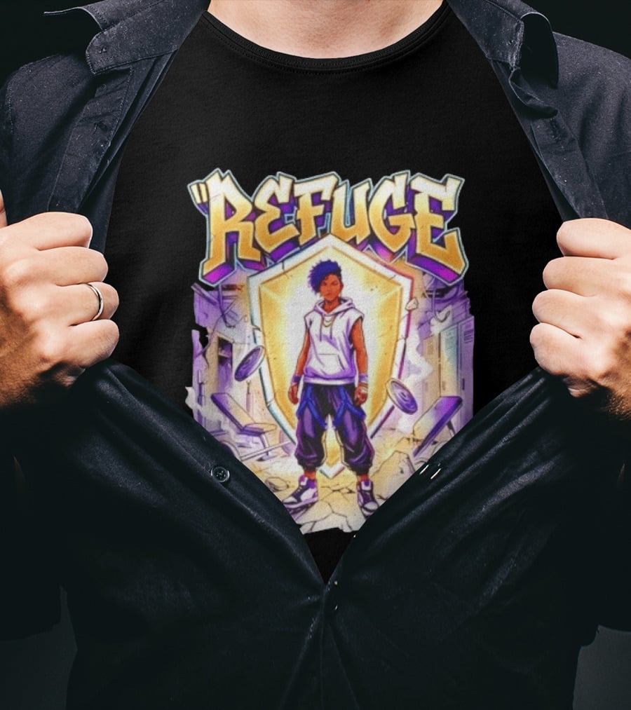 Refuge Strength God Shield Manga Style Weightlifting Motif T-Shirt