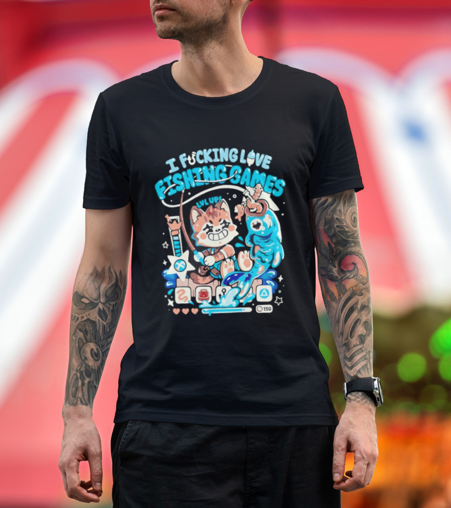 I Fucking Love Fishing Games XP Splash Cute Cat With Fish And Hearts T-Shirt